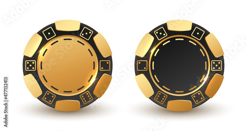 Set of black and gold poker chips, token with dots of dices on white background. Vector illustration for card, casino club, game design, flyer, poster, banner, web, advertising.