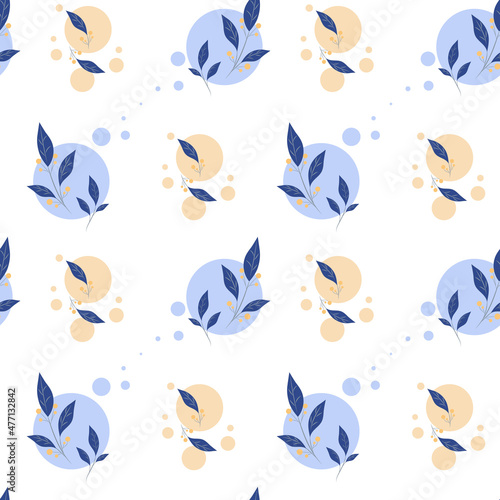 seamless pattern of twigs with blue leaves on a background of yellow and blue circles