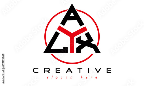 triangle badge with circle LAX letter logo design vector, business logo, icon shape logo, stylish logo template