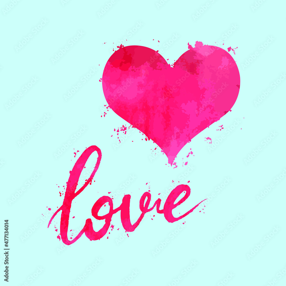 Love lettering text and heart in watercolor style. Vector illustration