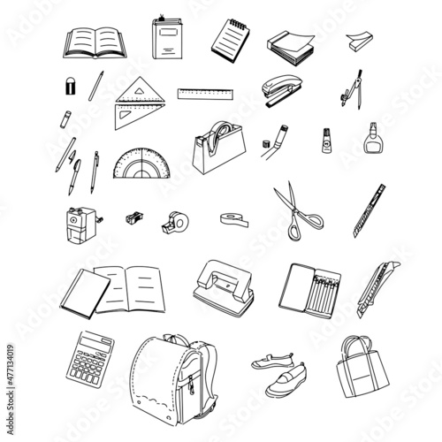 学校で使う文房具セット（シンプル、手描き）