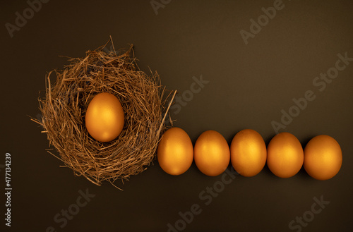 bird's nest with a golden egg on a black background, top view - other golden eggs lie side by side