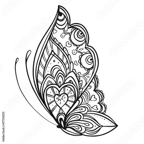 Hand drawn butterfly zentangle style inspired for t-shirt design or tattoo. C...