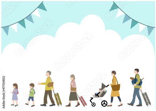 青空とガーランドを背景に、ペットを連れた３世代家族の旅行をイメージしたイラスト