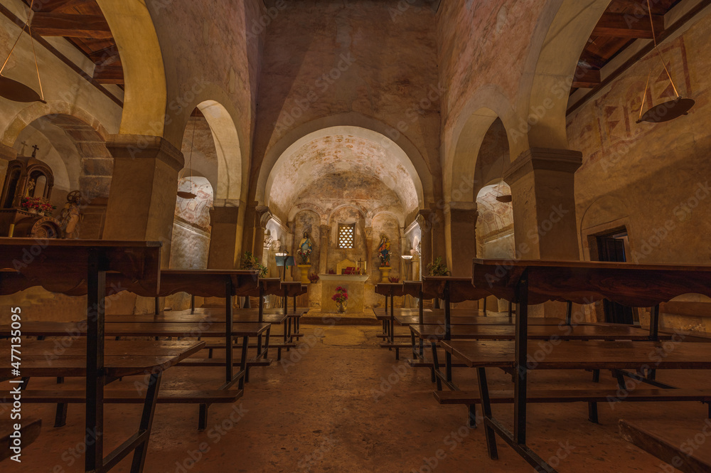 Interior of the San Salvador Church in Priesca, Asturias, Spain. World Heritage. Camino del Norte 