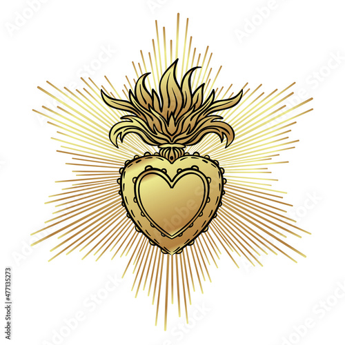 Sacred Heart of Jesus with rays. Vector illustration black isolated on white....