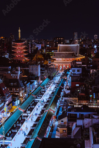 夜の浅草、仲見世通りと浅草寺の景色