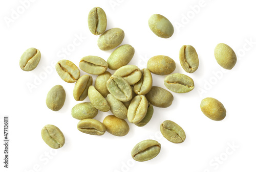 Green coffee beans isolated on white background, top view