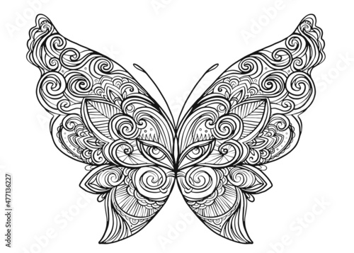 Hand drawn butterfly zentangle style inspired for t-shirt design or tattoo. C...