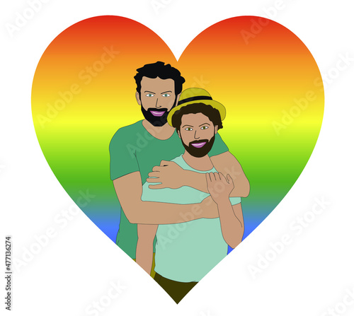 Male couple with a background of a heart with lgbt flag colors pattern, concept of Valentine's Day or gay pride. Couple of two men embracing.
