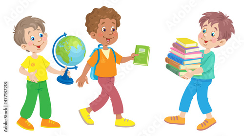 Three funny boys with school supplies. Globe, backpack and books. In cartoon style. Isolated on white background. Vector flat illustration.