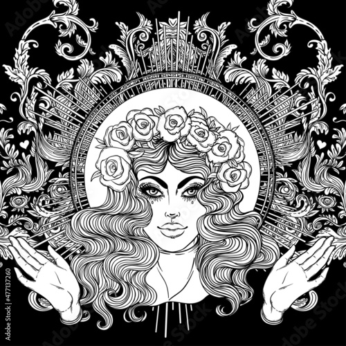 Madonna, Lady of Sorrow. Devotion to the Immaculate Heart of Blessed Virgin Mary, Queen of Heaven. Vector illustration isolated. Coloring book for adults. Tattoo design.