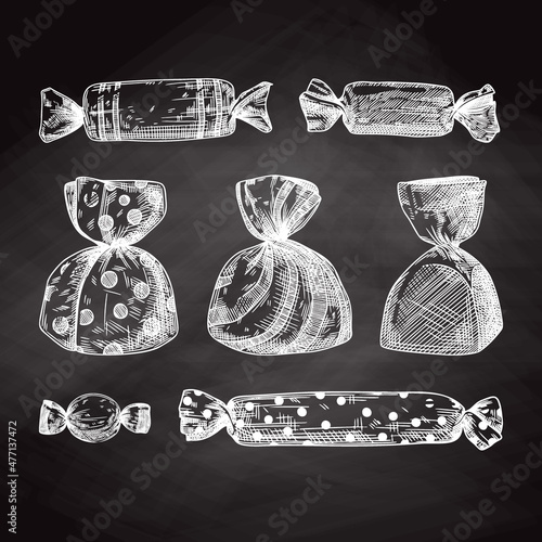 Set of different sweets in a wrapper isolated on a background. Sketch