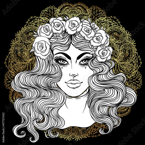 Madonna, Lady of Sorrow. Devotion to the Immaculate Heart of Blessed Virgin Mary, Queen of Heaven. Vector illustration isolated. Coloring book for adults. Tattoo design.