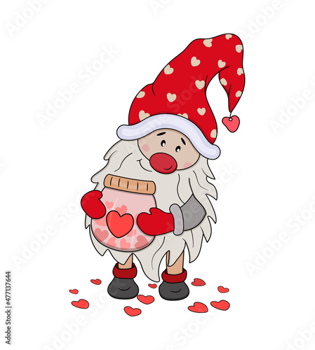 Cute Gnome Valentine with a jar filled with hearts