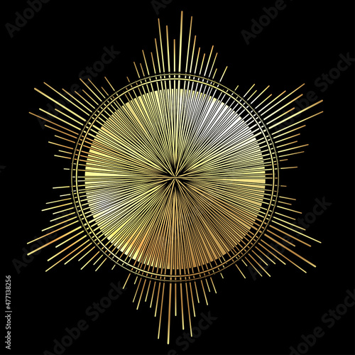 Rays of light as a halo. Hand drawn vector illustration isolated on black in vintage engraved style. Line art tattoo template. Scrapbook element. Symbol of pride and glory