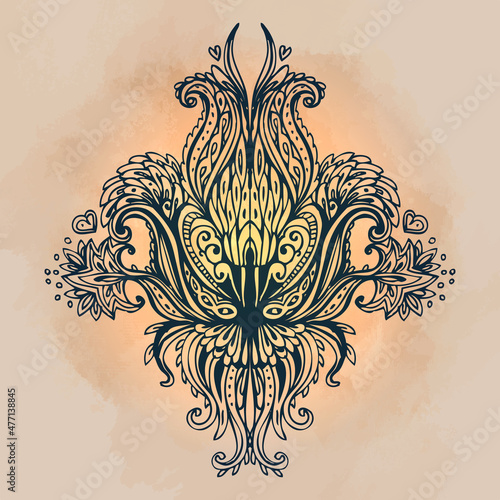 Vector ornamental Lotus flower, ethnic art, patterned Indian paisley. Hand dr...