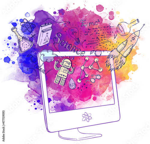 Back to School: e-learning technology concept with computer with science lab ...