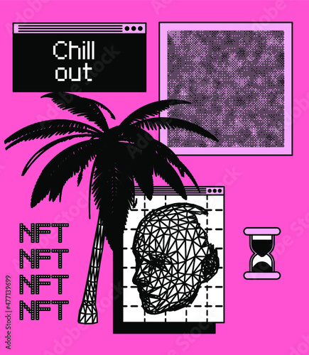 NFT image concept. Collage illustration of user interface elements, 3D models of low poly palm tree and of human face.