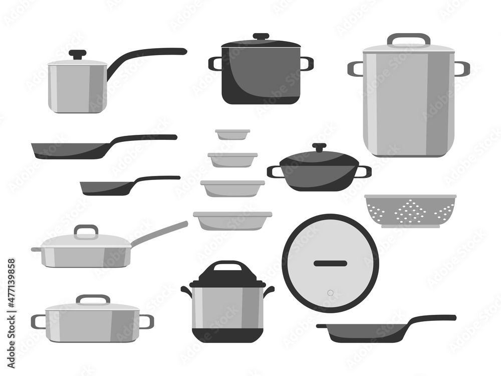 Cartoon stainless and non-stick cookware set, pots, pans, saucepans and utensils tools cooking isolated on white background, vector illustration. Kitchen icons objects elements for boiling and frying Cartoon stainless and non-stick cookware set, pots, pans, saucepans and utensils tools cooking isolated on white background, vector illustration. Kitchen icons objects elements for boiling and frying