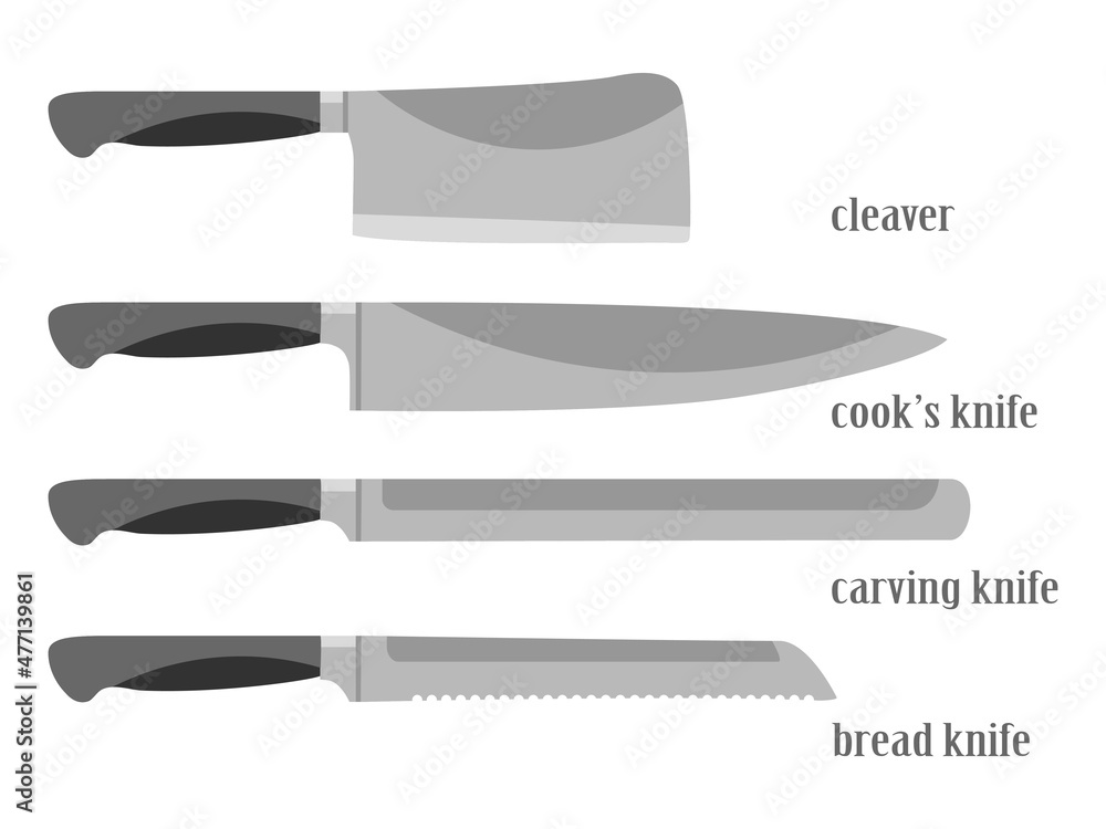 Cartoon stainless kitchen knives set cleaver, cook knife, carving knife, bread knife. Utensils tools cooking isolated on white background, flat vector illustration. Kitchen household icons elements Cartoon stainless kitchen knives set cleaver, cook knife, carving knife, bread knife. Utensils tools cooking isolated on white background, flat vector illustration. Kitchen household icons elements