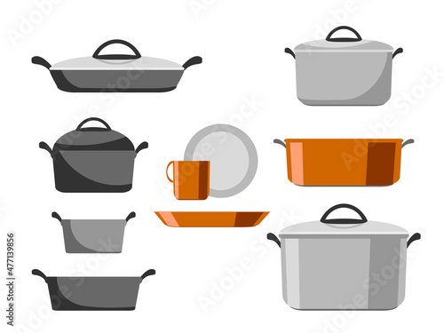 Cartoon stainless and non-stick cookware set, pots, pans, saucepans and utensils tools cooking isolated on white background, vector illustration. Kitchen icons objects elements for boiling and frying