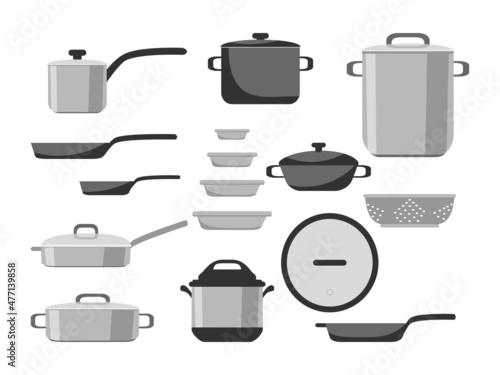 Cartoon stainless and non-stick cookware set, pots, pans, saucepans and utensils tools cooking isolated on white background, vector illustration. Kitchen icons objects elements for boiling and frying photo