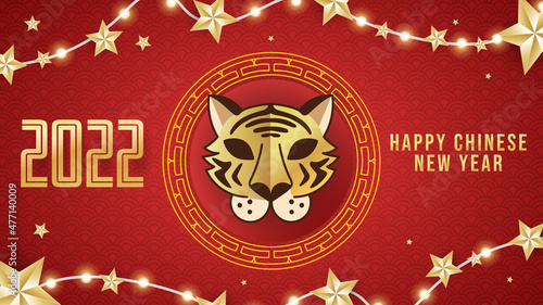 Tiger head cartoon in Year of the tiger and asian elements , 2022 Chinese New Year  for online content on red background  , illustration Vector EPS 10