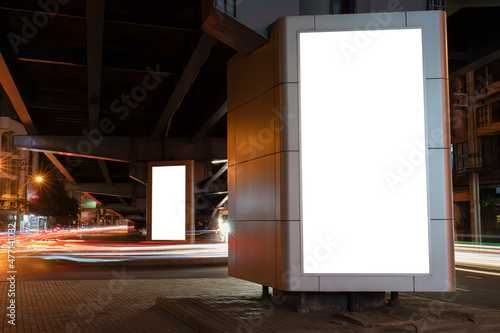 Blank billboard on light trails, street, city and urban in the night