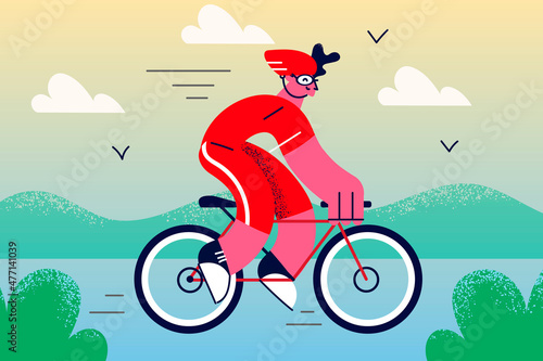 Man cyclist ride bike outdoors in sportive uniform 