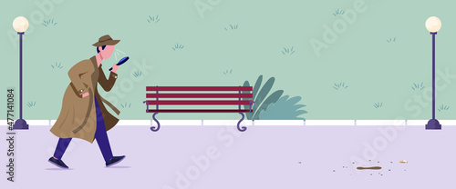 Vector illustration of detective, inspector, agent, spy investigates crime scene, case. Man with magnifier. Search, follow, track mystery murderer, evidence. Colorful cartoon style banner. 