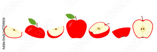 Red apples fresh slices set. Sliced apple collection. Vector isolated on white.