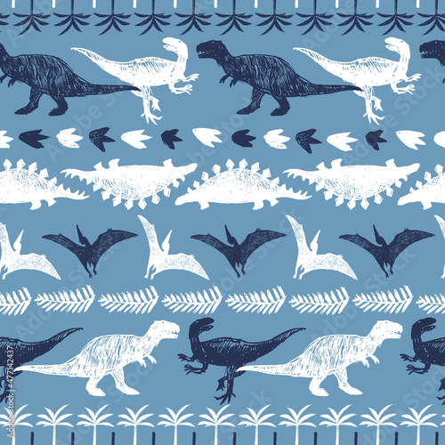 Vector blue dinosaur horizontal stripes arrangement sketch repeat pattern. Perfect for textile, giftwrap and wallpaper.
