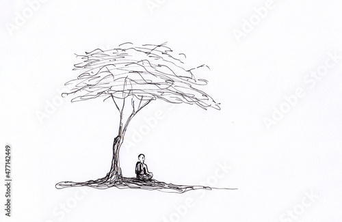Ink drawing of Buddhist monk meditating under tall tree. Hand drawn background for meditation, relaxation, print, poster, book illustration. Abstract artwork. Serene landscape with sitting monk.