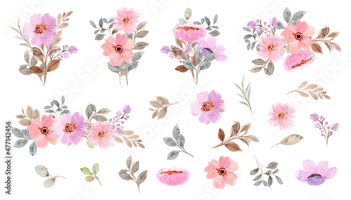 Watercolor floral elements and bouquet collection