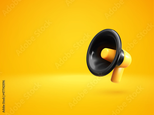 Loudspeaker on yellow background vector illustration. 3d megaphone banner template. Hiring new job vacancy, announcement, special offer