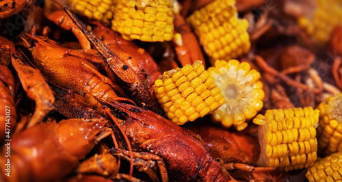 red boiled crawfish and corn photo