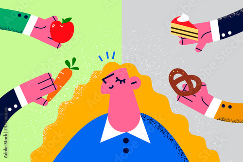 Woman make choice between healthy and unhealthy food 