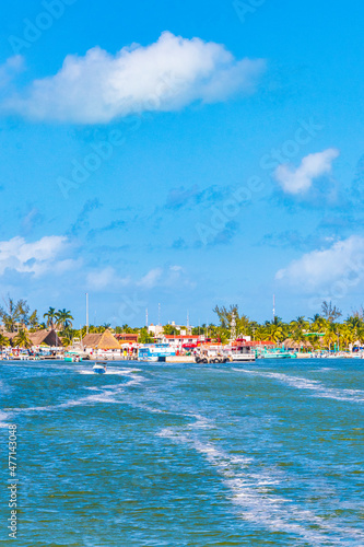 Panorama landscape view on beautiful Holbox island turquoise water Mexico.