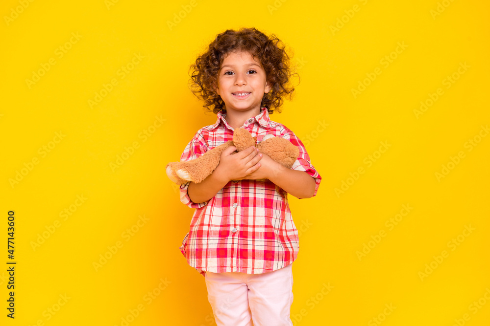Photo of cute funny schoolgirl wear plaid outfit smiling embracing soft teddy bear isolated yellow color background Photo of cute funny schoolgirl wear plaid outfit smiling embracing soft teddy bear isolated yellow color background