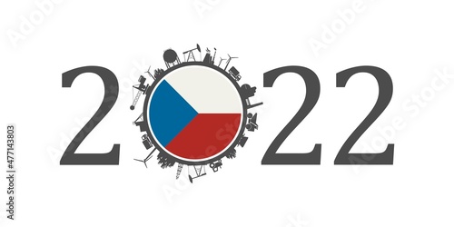 2022 year number with industrial icons around zero digit. Flag of Czech Republic.