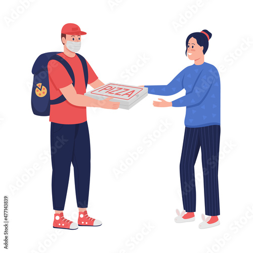 Man in mask delive pizza semi flat color vector characters. Interacting figures. Full body people on white. Service isolated modern cartoon style illustration for graphic design and animation