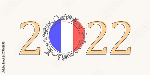 2022 year number with industrial icons around zero digit. Flag of France.