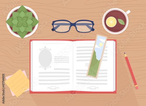 Read book flat color vector illustration. Open textbook with biology homework. Studying subject. Glasses and cup of tea. Top view 2D cartoon illustration with desktop on background collection