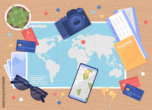 Travel planning flat color vector illustration. Map with continents and journey destination marked. Camera and sunglasses. Top view 2D cartoon illustration with desktop on background collection