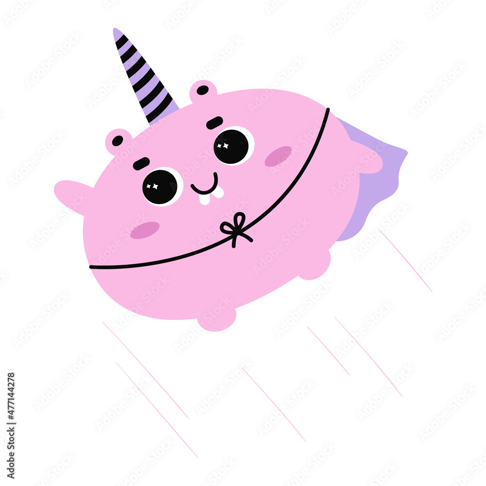 Cute super hero monster with happy face. Bizzare kind character with unocorn horn in flat style. Adorable childish creature in pastel color wearing cloak. Hand drawn comic beast isolated on white Cute super hero monster with happy face. Bizzare kind character with unocorn horn in flat style. Adorable childish creature in pastel color wearing cloak. Hand drawn comic beast isolated on white