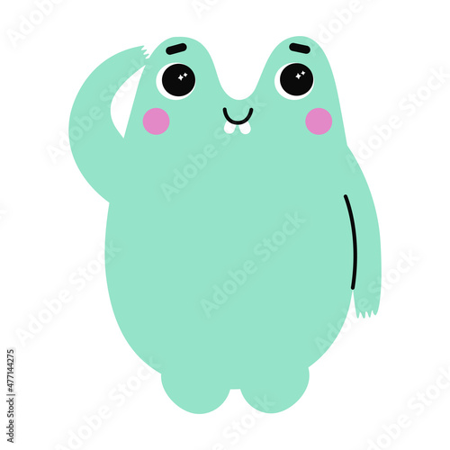 Cute thinking monster with happy face emotion. Bizzare kind character in flat style. Adorable childish creature in pastel green color. Hand drawn comic beast isolated on white background