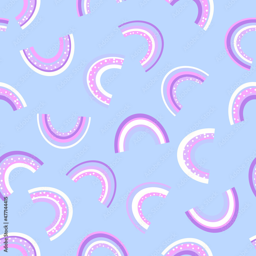 Obraz premium Trendy seamless pattern with colorful rainbow on color background. Design for invitation, poster, card, fabric, textile, fabric. Cute holiday illustration for baby. Doodle style
