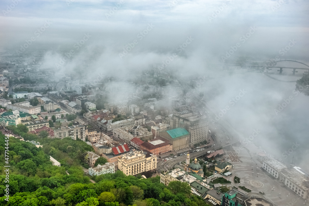 Aerial view, morning, fog. Podil, the old district of Kiev