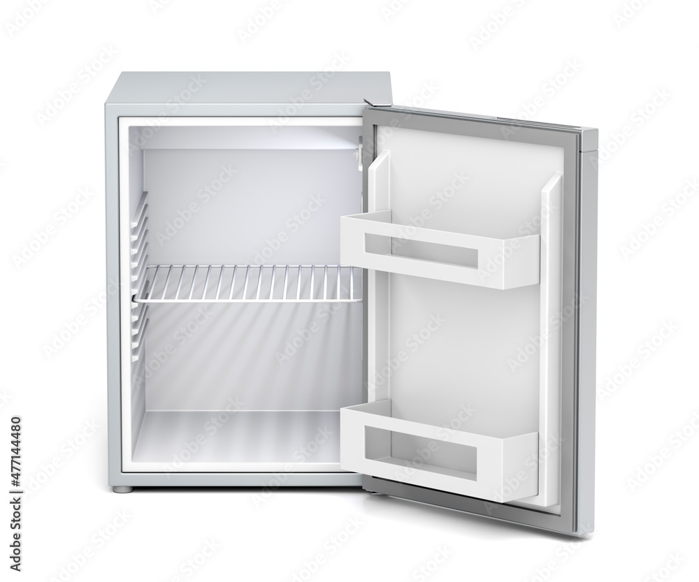 Empty small refrigerator on white background, front view